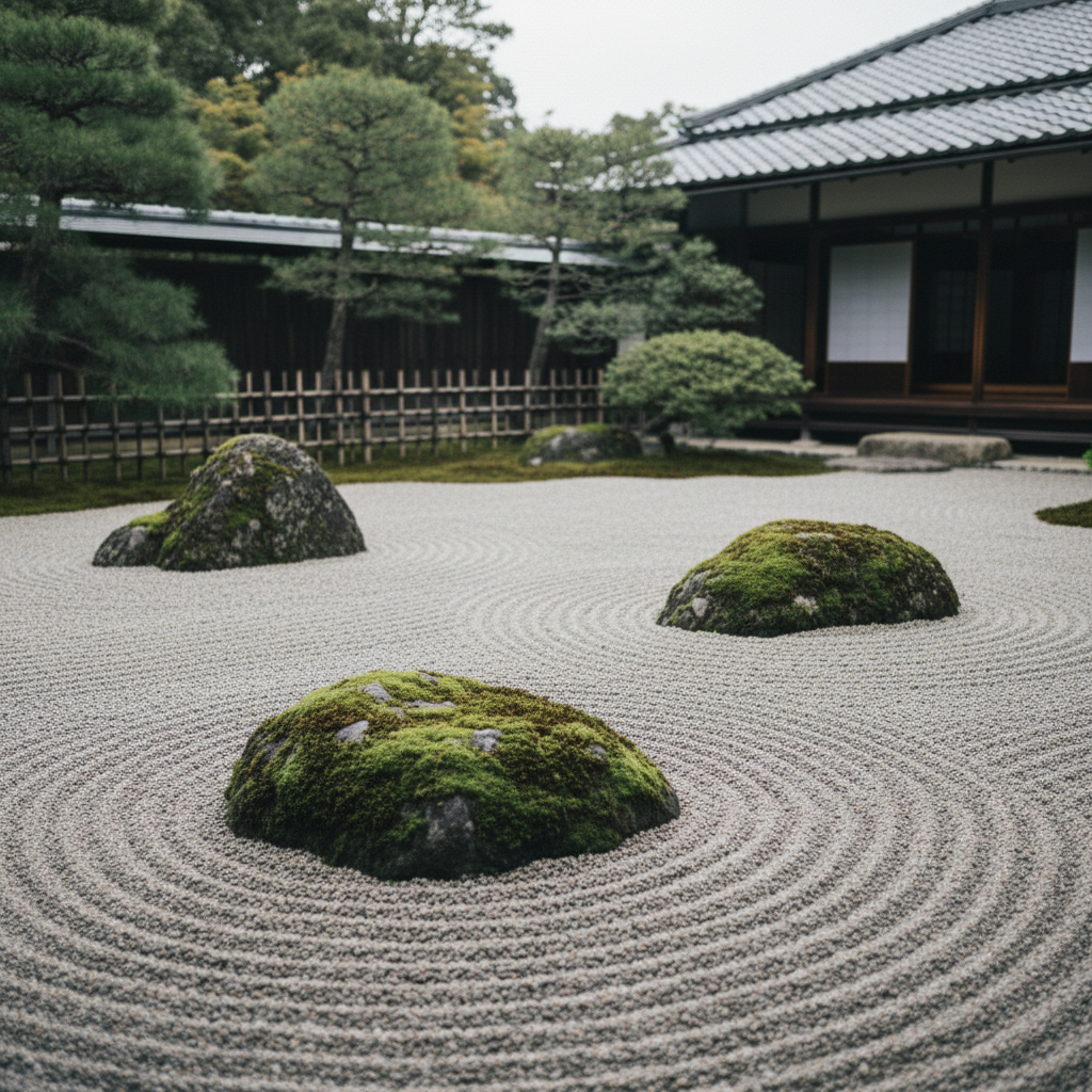 Zen-Garten mit geharktem Kies