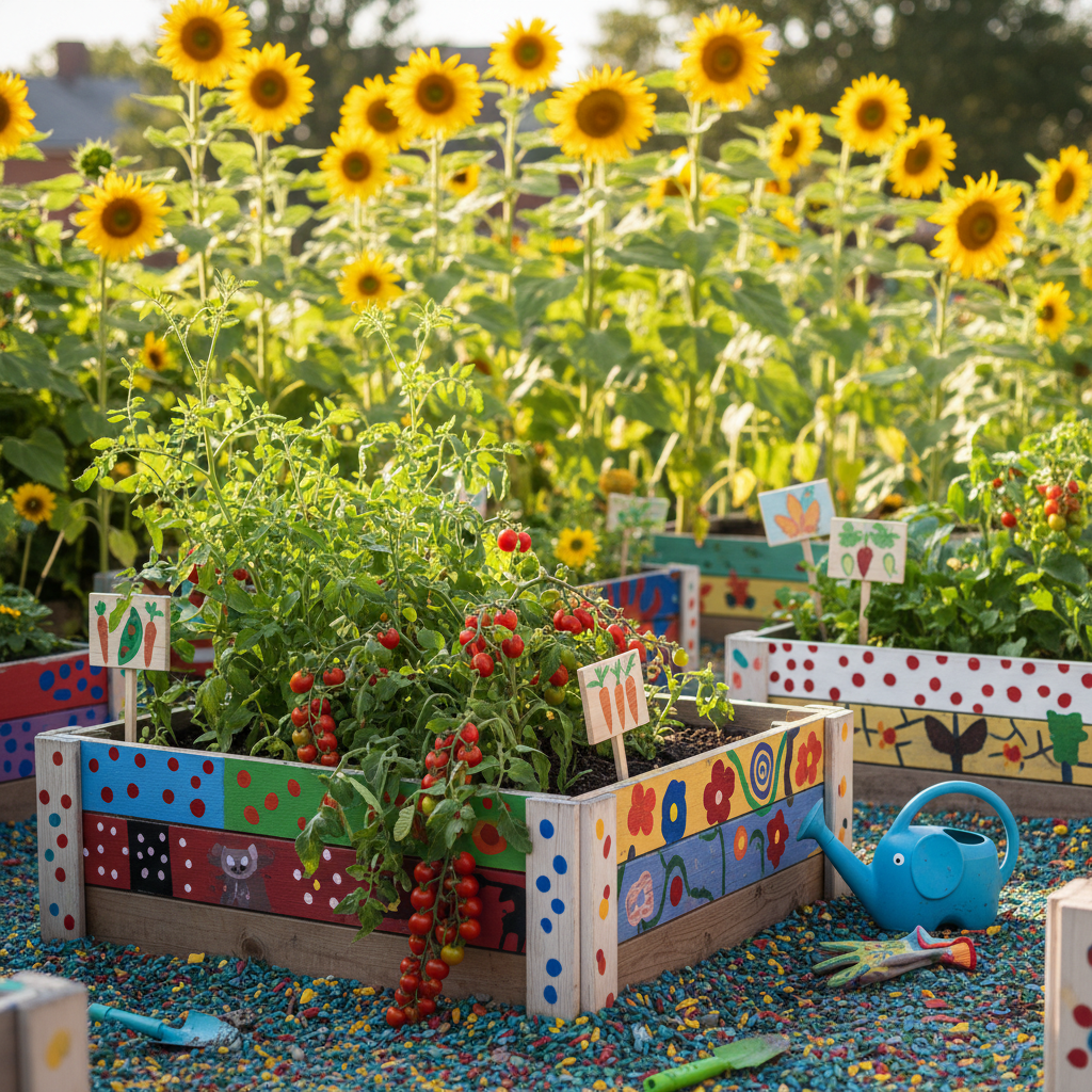 Bunter Familiengarten mit Spielbereich